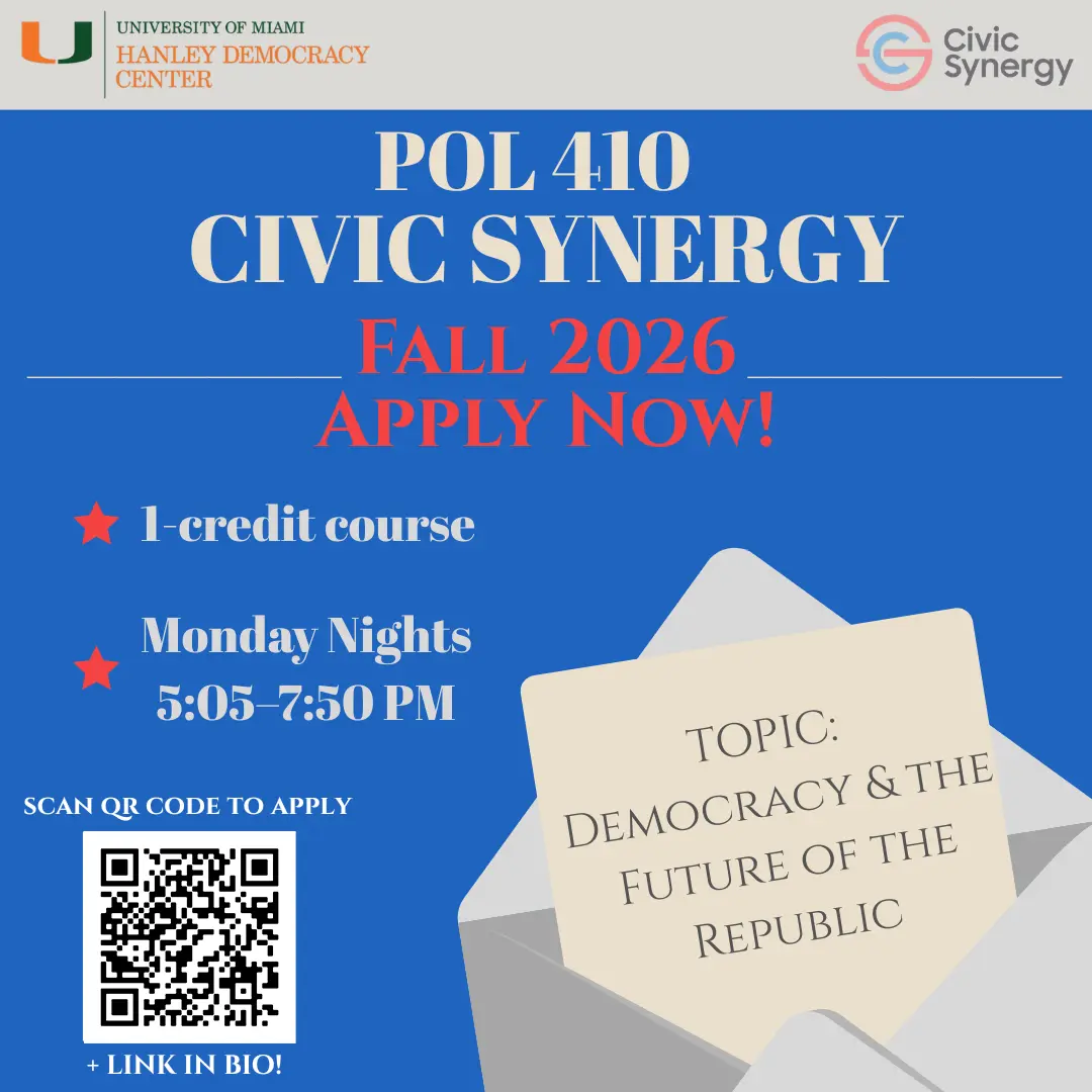 Flyer for POL 410 Civic Synergy 1 credit course for Fall 2026 (Monday nights at 5:05-7:50pm). Click Image to apply for the class.